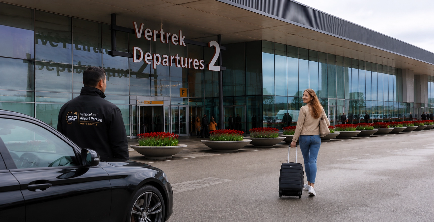 Schiphol Airport Parking chauffeur welcomes a traveller at Departures 2 at Schiphol