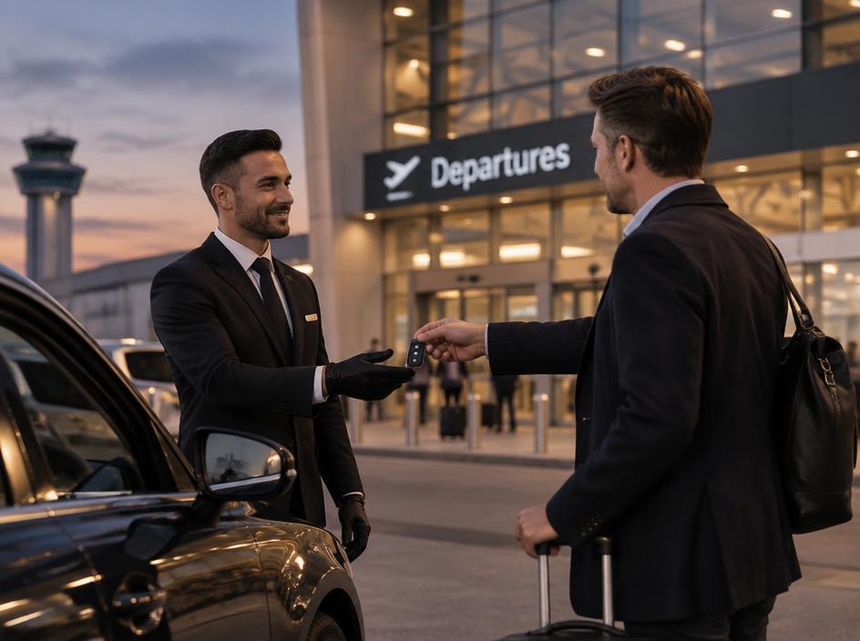 Driver taking over the car keys at the departures hall